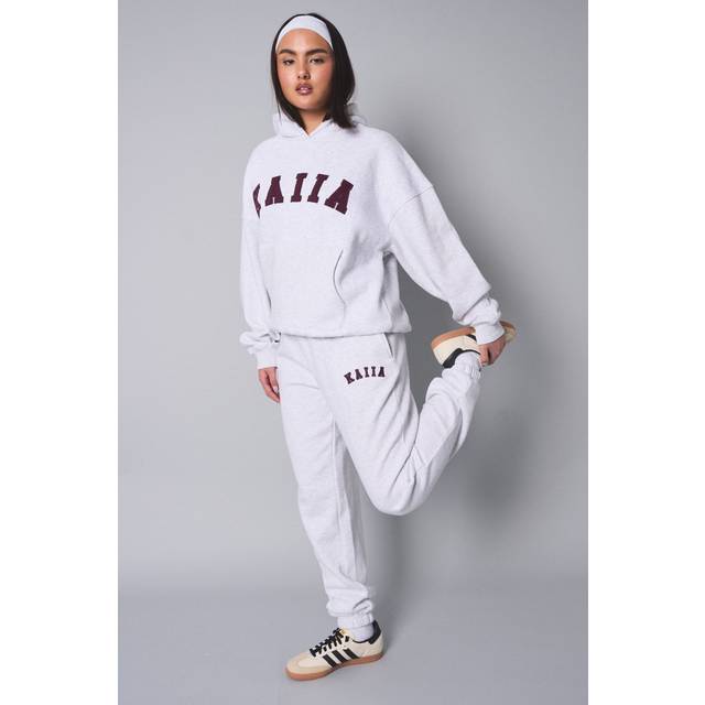 Kaiia Logo Cuffed Joggers Light Grey Marl With Burgundy - light_grey_marl