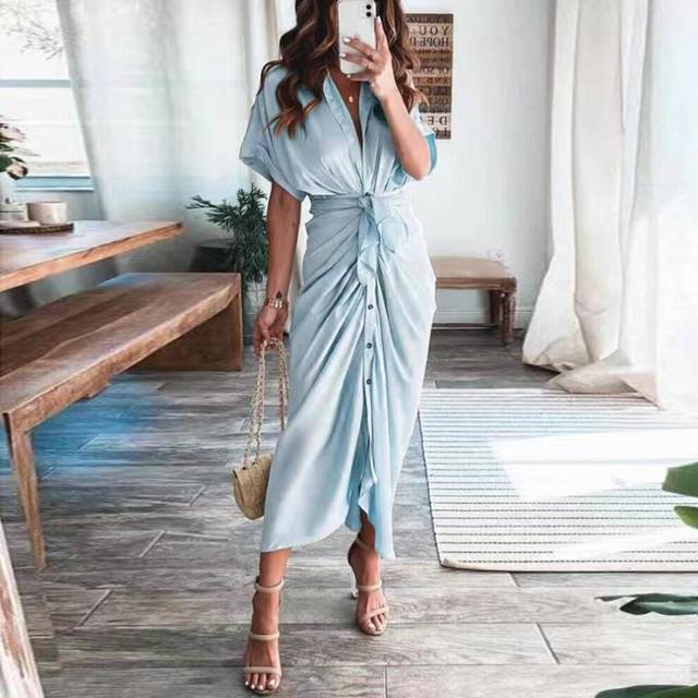 (Light blue, 3XL) Women's Sexy Deep V Neck Buttoned Silk Satin Dress OL Commuter