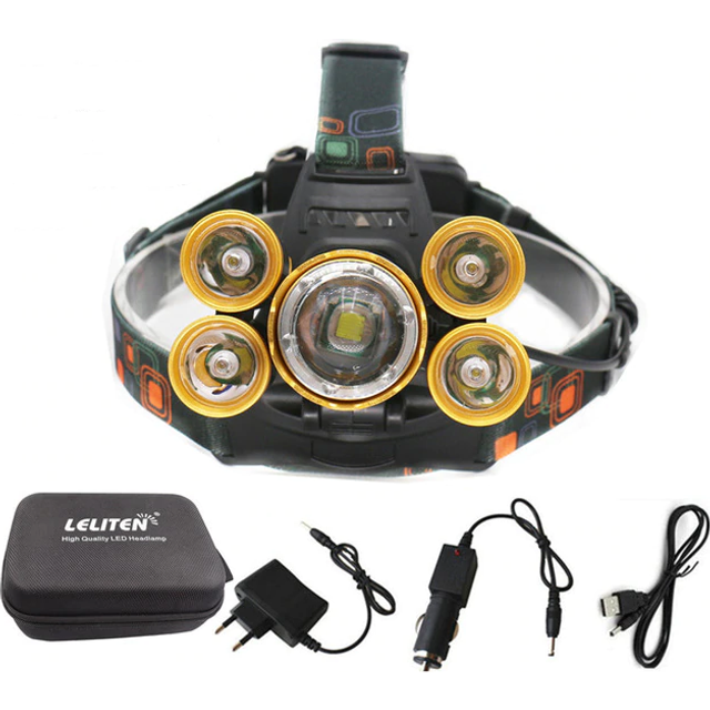 Laddningsbar LED Pannlampa för Löpning & Orientering, 5 Lampor, IPX4, Zoom, Batterier