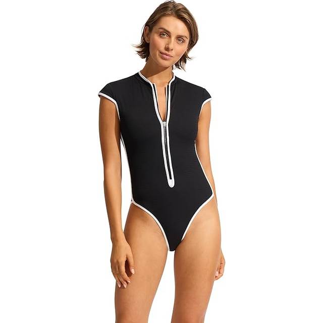 Beach Bound Cap Sleeve Zip Front One Piece Swimsuit in Black - UK 14