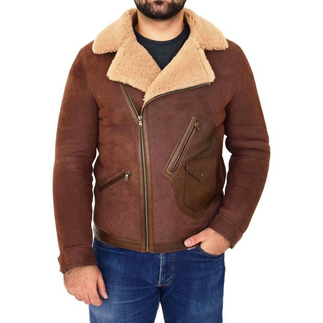 (Brown, 3XL) Mens Real Sheepskin Flying Jacket Antique B3 Shearling Rocky Brown