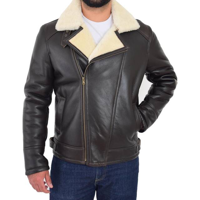 (Brown/White, 2XL) Mens Real Sheepskin Flying Jacket X-Zip Shearling Aviator Bomber Stealth Brown White