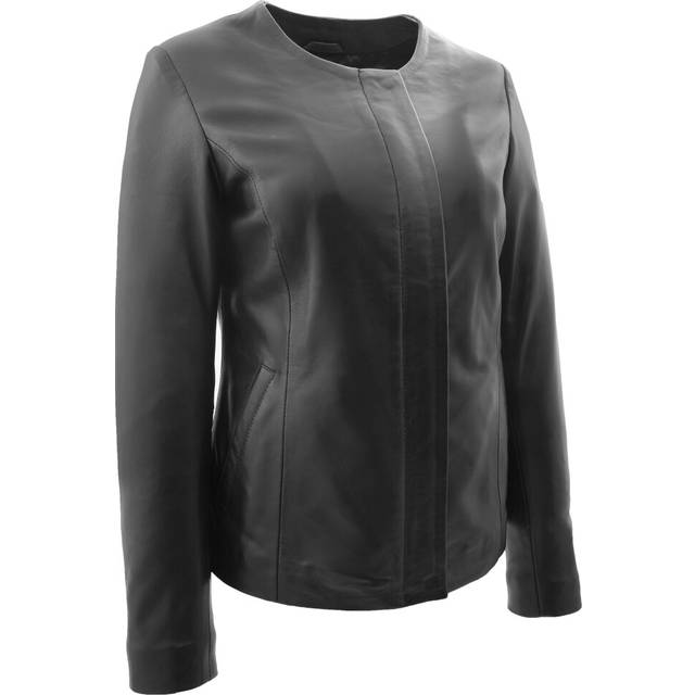 Women black leather jacket collarless neckline soft fitted zip fasten elena