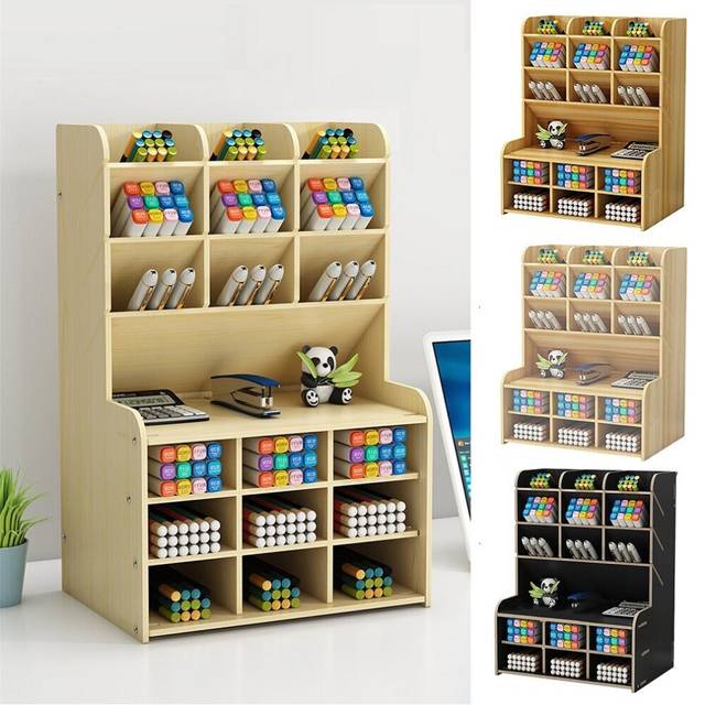 (Brown) Pen Holder Storage Box Wood Pencil DIY Desktop Container Studentsk Case Rack