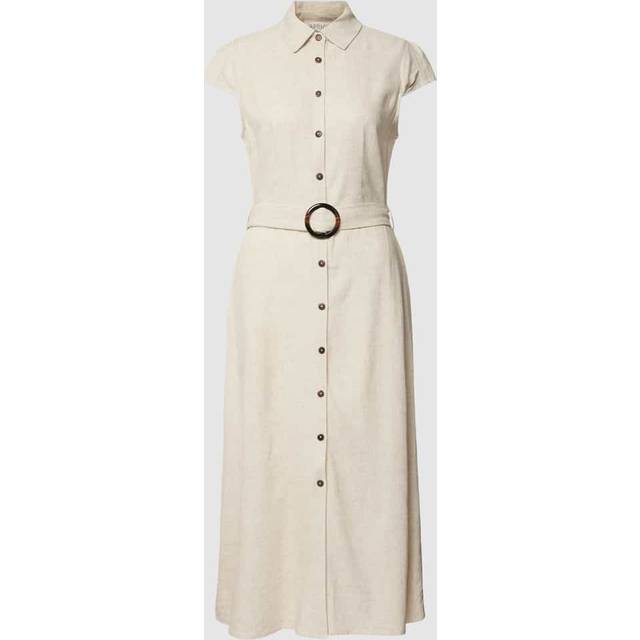 Womens Linen Blend Belted Shirt Midi Dress - Beige - 10