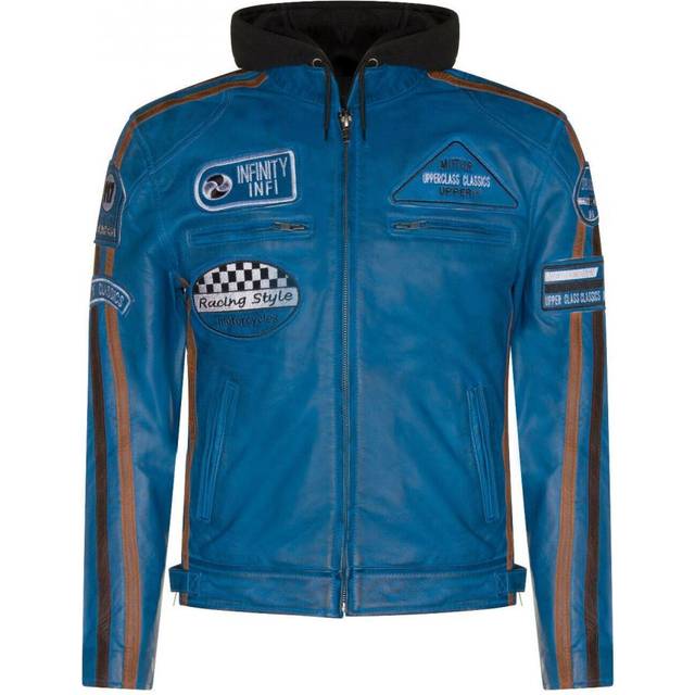 Mens blue leather biker hood jacket retro casual zipped racing moto badges