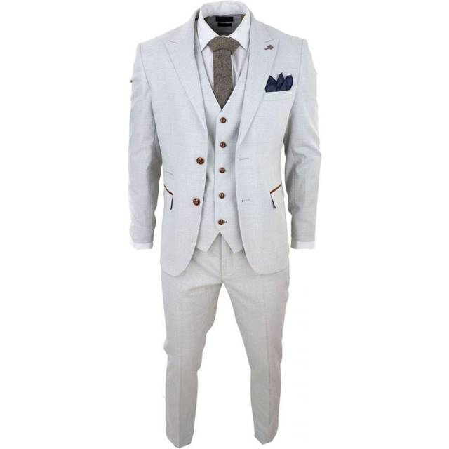 Paul Andrew Mens Grey Stone 3 Piece Tweed Check Suit - Cream - Size 34 (Chest)