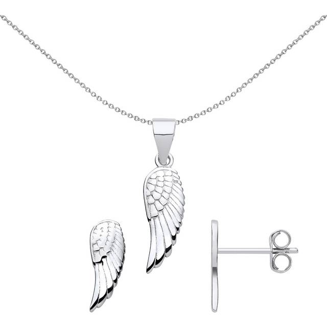 Jewelco London Ladies Rhodium Plated Sterling Silver Feather Angel Wings Earrings Necklace Set - GSET654