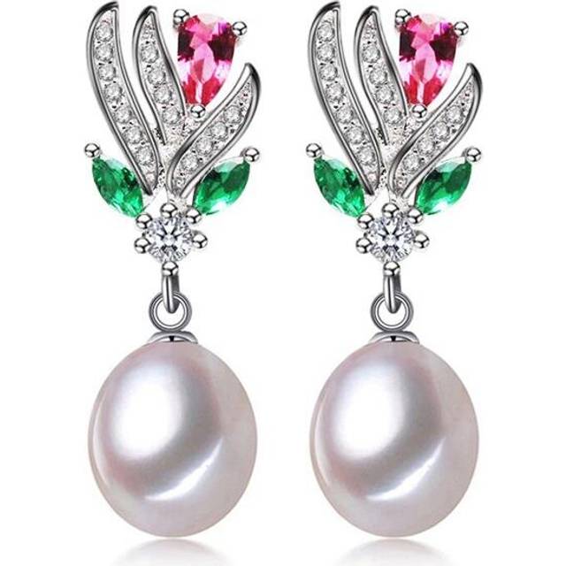 Teardrop White Freshwater Pearl Floral Drop & Dangle Earrings in 0.925 White Sterling Silver