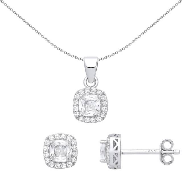 Silver jewelco london cushion cz tv square halo solitaire earrings necklace set