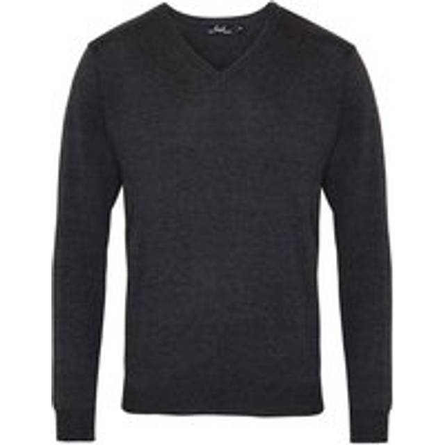 (S, Charcoal) Premier Mens Knitted Cotton Acrylic V Neck Sweatshirt