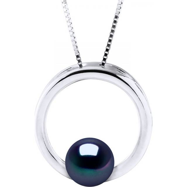 Diadema Womens CIRCLE Necklace Freshwater Pearl Round 8-9 mm Black 925 Silver - One Size