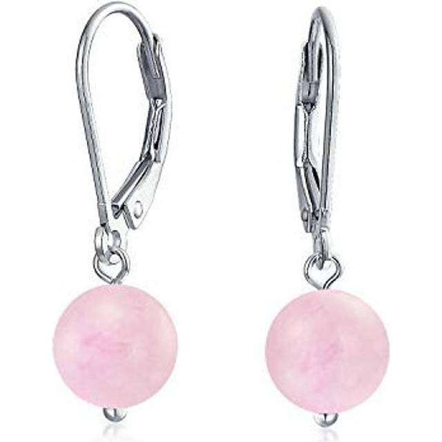 Simple Round Bead Light Pink Rose Quartz Leverback Ball Drop Earrings For Women 925 Sterling Silver February Birthstone