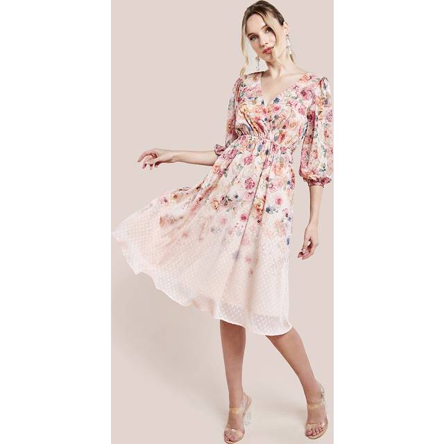 Ombre Floral Printed Wrap Midi Dress - Ivory by Goddiva - 12