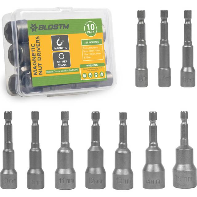 "BLOSTM Magnetic Nut Driver Impact Drill Bit Socket Set 6-15mm 1/4"" Hex 10PCS"