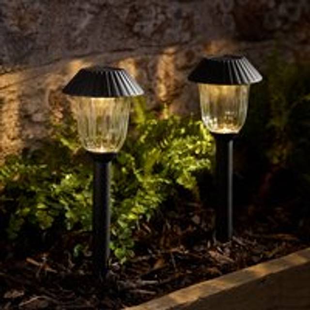 Lights4fun Set of 2 Black Plastic Solar Powered Warm White LED Garden Pathway Decorative Stake Lights 43cm Outdoor IP44 Rated