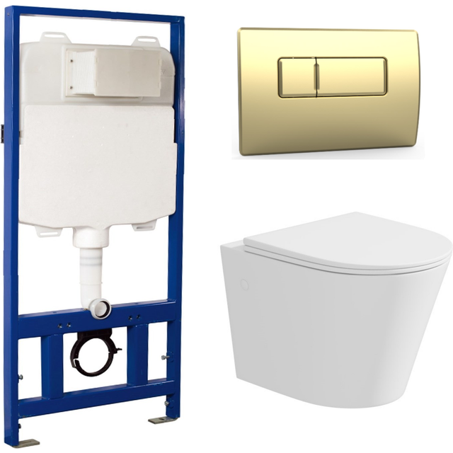 Matt White Wall Hung Rimless Toilet with Soft Close Seat Brass Pneumatic Flush Plate 1170mm Frame & Cistern - Verona