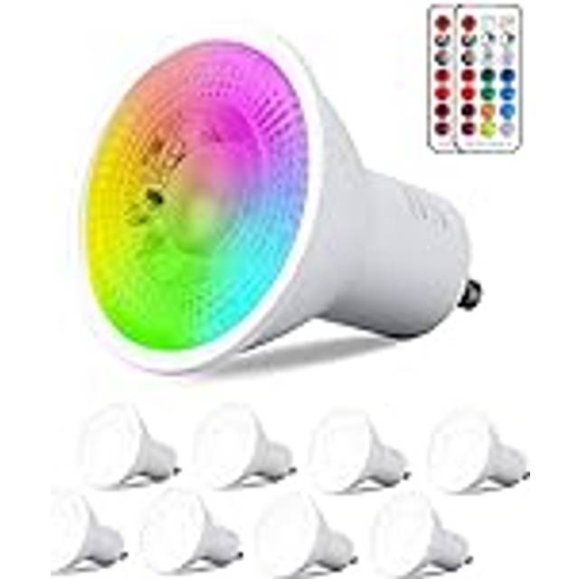 REYLAX 8pcs GU10 6W LED-Lampor, RGB + Kallvit, LED-Spotlight Med Färgbyte, 12 Färger 5 Lägen, Minnesaktivering, Dimning Med Infraröd Fjärrkontroll