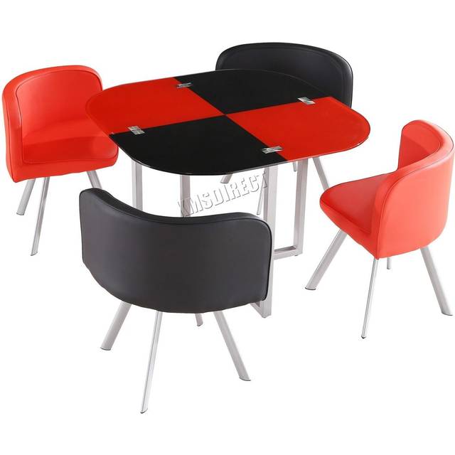 Dining Table And 4 Faux Leather Chairs Space Saver Black And Red Kitchen Set - One Size