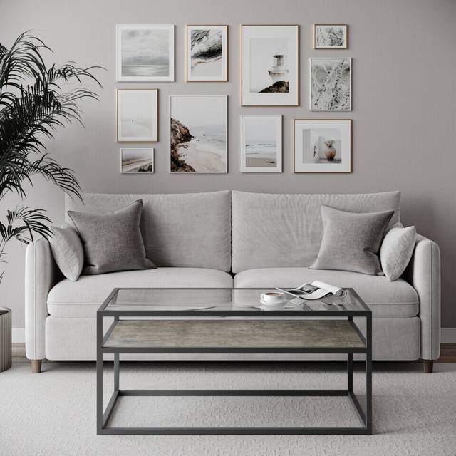 (Concrete) Glass Display Top Coffee Table with Steel Frame Reversible Wooden Storage Shelf