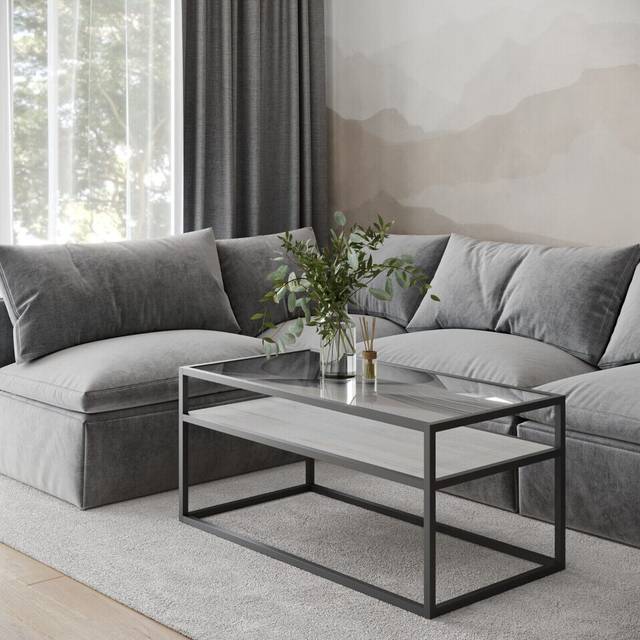 (White Ash) Glass Display Top Coffee Table with Steel Frame Reversible Wooden Storage Shelf
