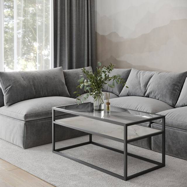 (White Stone) Glass Display Top Coffee Table with Steel Frame Reversible Wooden Storage Shelf