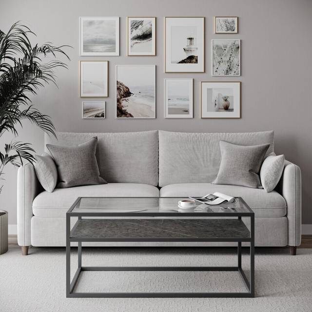 (Black Stone) Glass Display Top Coffee Table with Steel Frame Reversible Wooden Storage Shelf