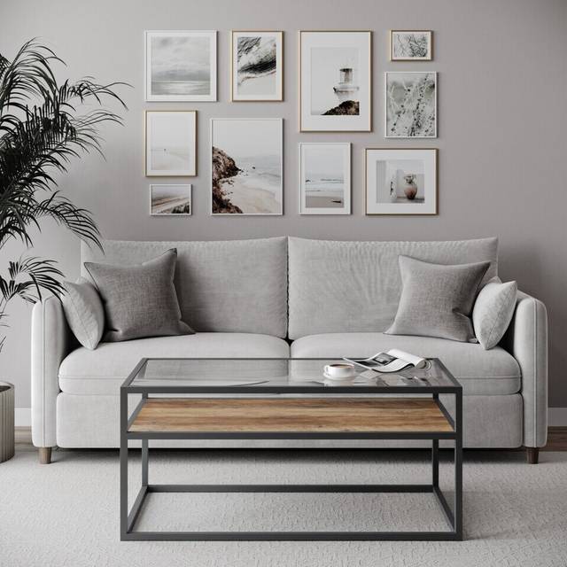 (Rustic Oak) Glass Display Top Coffee Table with Steel Frame Reversible Wooden Storage Shelf