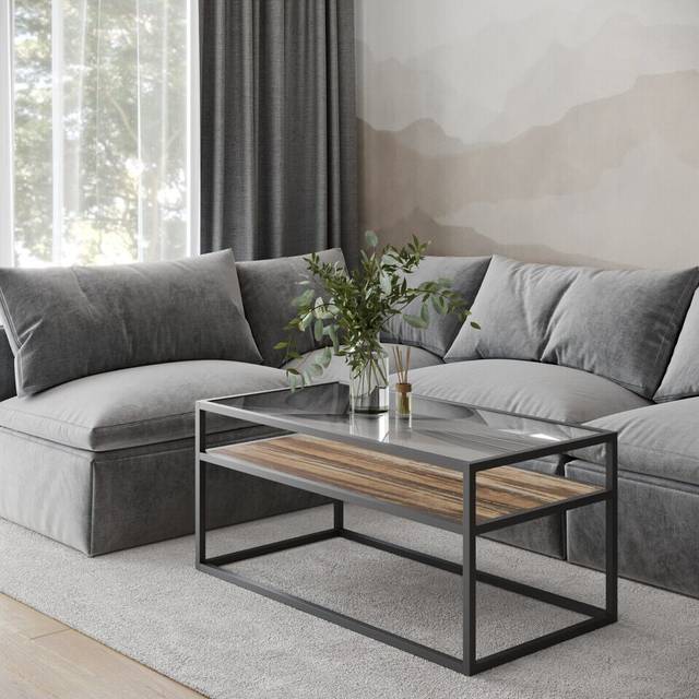 (Dark Walnut) Glass Display Top Coffee Table with Steel Frame Reversible Wooden Storage Shelf