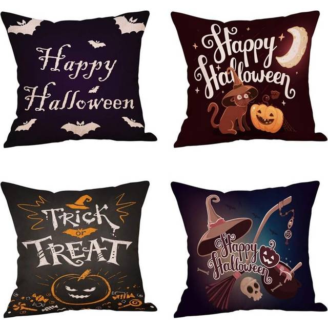 Happy Halloween Witch Hat Cotton Linen Pillow Cover Decorative Sofa Pillow Case Cushion Cover Pillowcases Home Decor 18x18 Inch - 4 Pack
