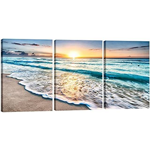 3 Panels Blue Beach Sunrise White Wave Pictures Painting on Canvas Wall Art Modern Stretched and Framed Seascape Canvas Prints Seaview Landscape