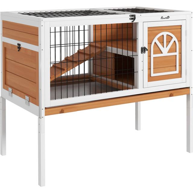 PawHut Wooden Rabbit Hutch, Elevated Guinea Pig Cage w/ Openable Roof, Ladder, Removable Tray, 90 x 53 x 87cm - Yellow