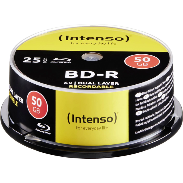 Intenso Blu-Ray 50 GB, 6 x hastighet, inspelningskabel – 25 st kaklåda