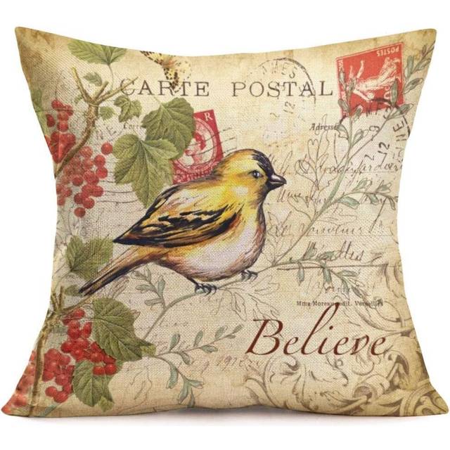 Vintage Robin Bird Throw Pillow Covers Mistletoe Cotton Linen Cushion Cover Retro Stamp Pillowcases for Sofa Bedroom 18X18 Inch