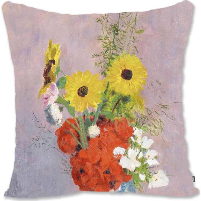 Decorative Throw Pillow Case Cover Impressionist Floral Art - Redon - Vase Of Flowers  RD-Bouquet of Flowers in Blue Vase Rd