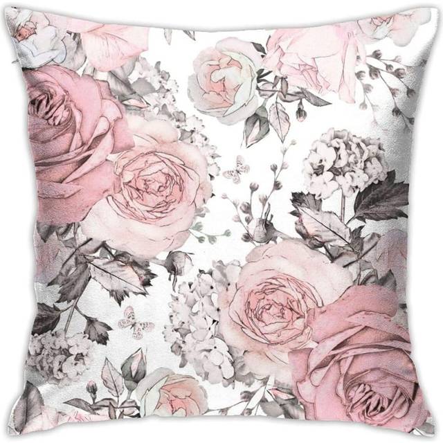 Square Pink Flowers Leaves Watercolor Floral Rose Throw Pillow Covers