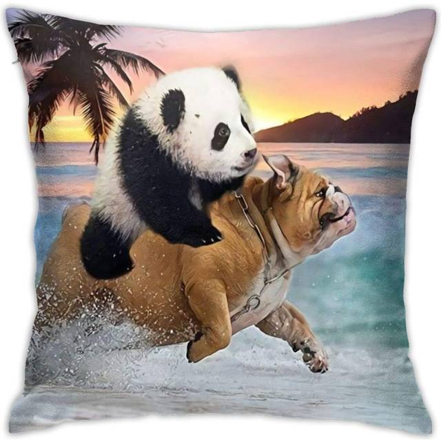 Throw Pillow Cover Case Funny Panda Ride Pug Dog Running in Beach Home Decorative Pillowcases Cushion Covers for Sofa Bedroom Car Couch 18x18 Inch