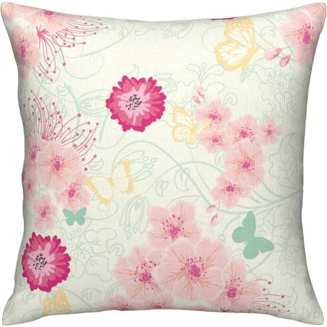 Pink Flowers Yellow Pretty Butterfliess Natural Flower Watercolor Paintings Pillow Case Breathable Throw Pillow Covers Comfy Cushion Covers 45X45 Cm