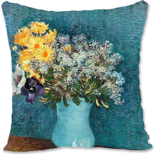 Decorative Throw Pillow Case Cover Impressionist Floral Art - Van Gogh - Bouquet Of Flowers In A Vase VG-Vase With Lilac Margerites and Anemones Vg