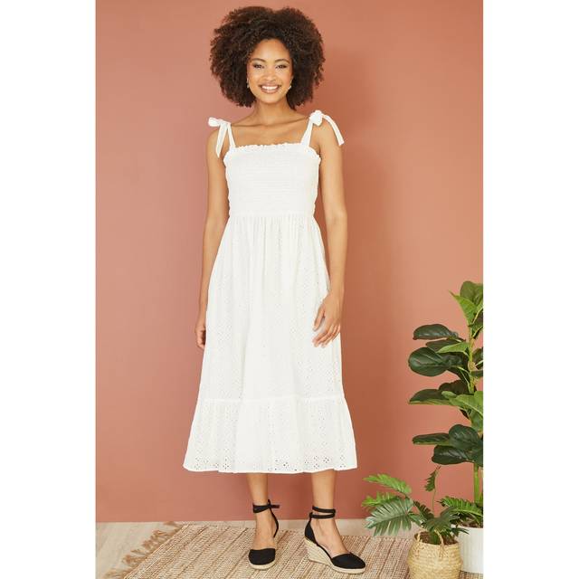 Mela London Womens White Broderie Anglaise Ruched Midi Sundress With Tie Sleeves Cotton - Size 16 UK