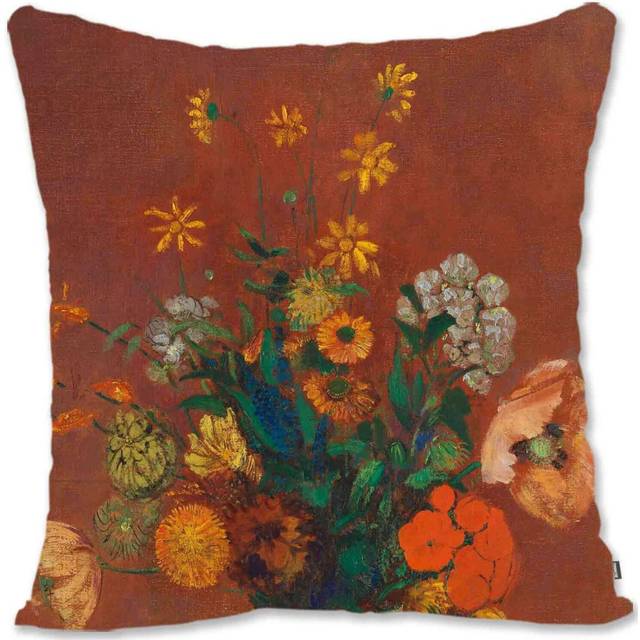 Decorative Throw Pillow Case Cover  Impressionist Floral Art - Redon - Poppies And Carnations Poet In A Blue Vase RD-Bouquet in a Chinese Vase Rd