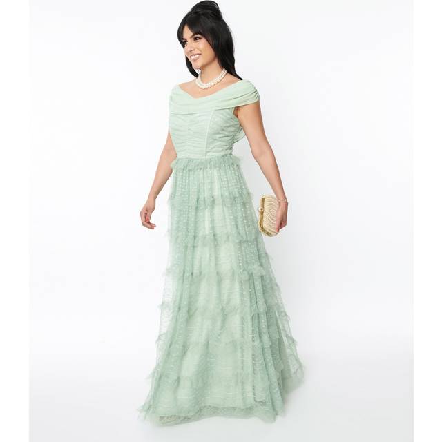 Unique Vintage 1950S Mint Green Clip Dot Off The Shoulder Cocktail Dress - Large/10-12