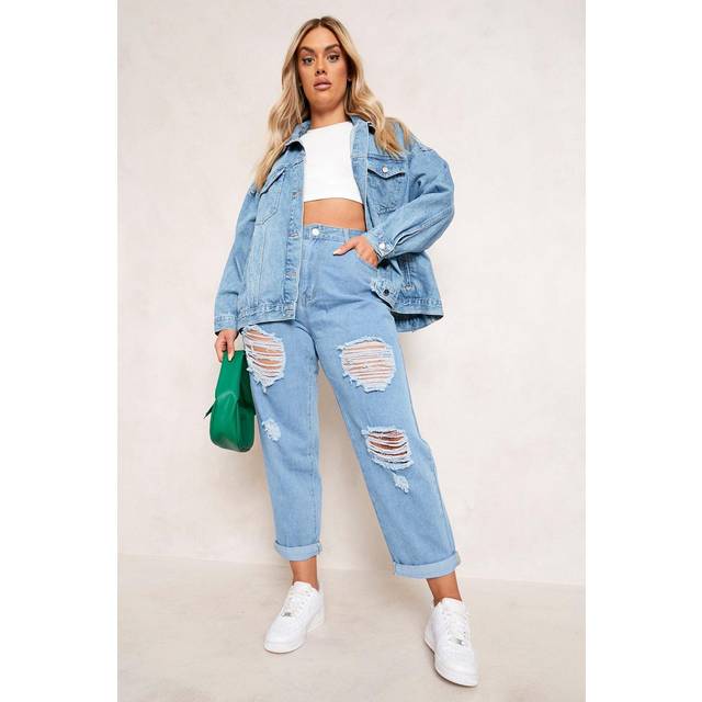 Womens Plus Distressed Ripped Mom Jeans - Grey - 16