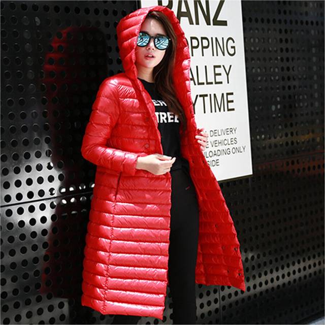 (M, red) Hooded Thin Light Mid Length Down Jacket Slim Fit