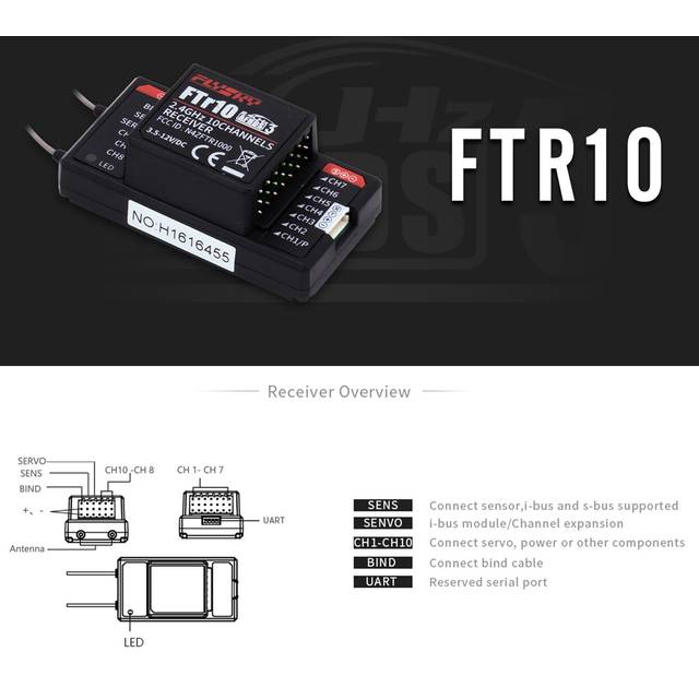 FlySky FTR10 2.4G 10CH AFHDS 3 RC Receiver Dual Antenna Support i-BUS/S-BUS/PPM Output for PL18 black