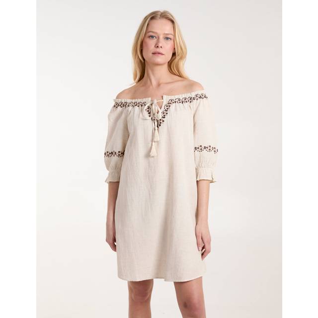 Womens Sleeve Embroidered Tunic Dress - Beige - S