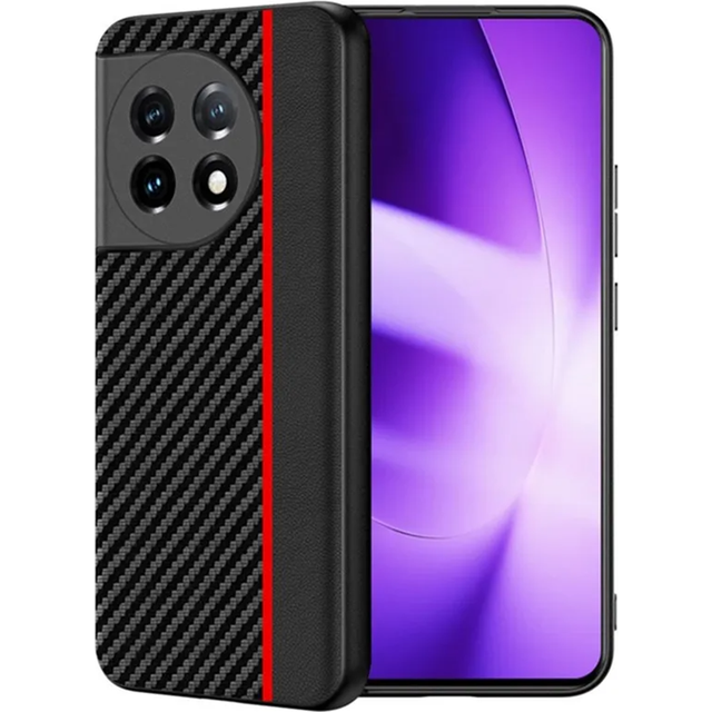 OnePlus 11 5G Mobilskal Carbon Fiber PU-LÃ¤der - RÃ¶d