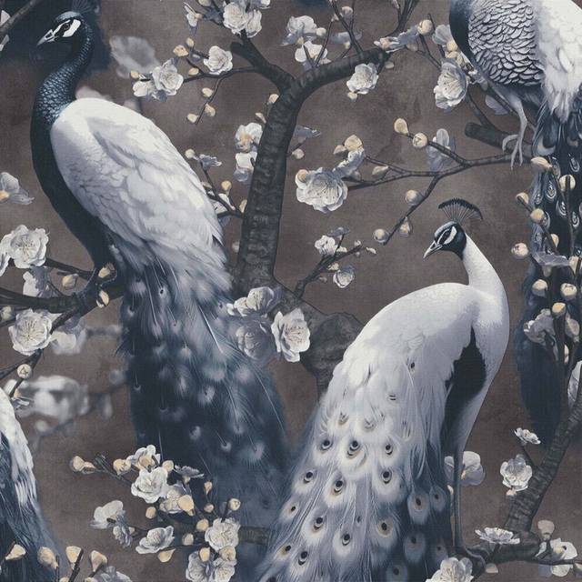 Erismann abode play of light peacock black wallpaper 10414-15 - bird blossom