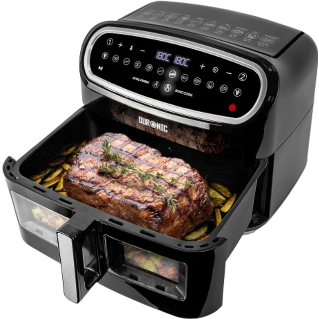 Duronic AF34 BK Triple Drawer 10L Digital Air Fryer with Visual Window Dual Zone 10-in-1 Large Drawer for Family Meals Dishwasher-Safe Non-Stick Black