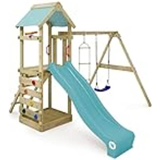 WICKEY Wooden climbing frame FreeFlyer with swing set and slide, Garden playhouse with sandpit, climbing ladder & play-accessories - pastel blue